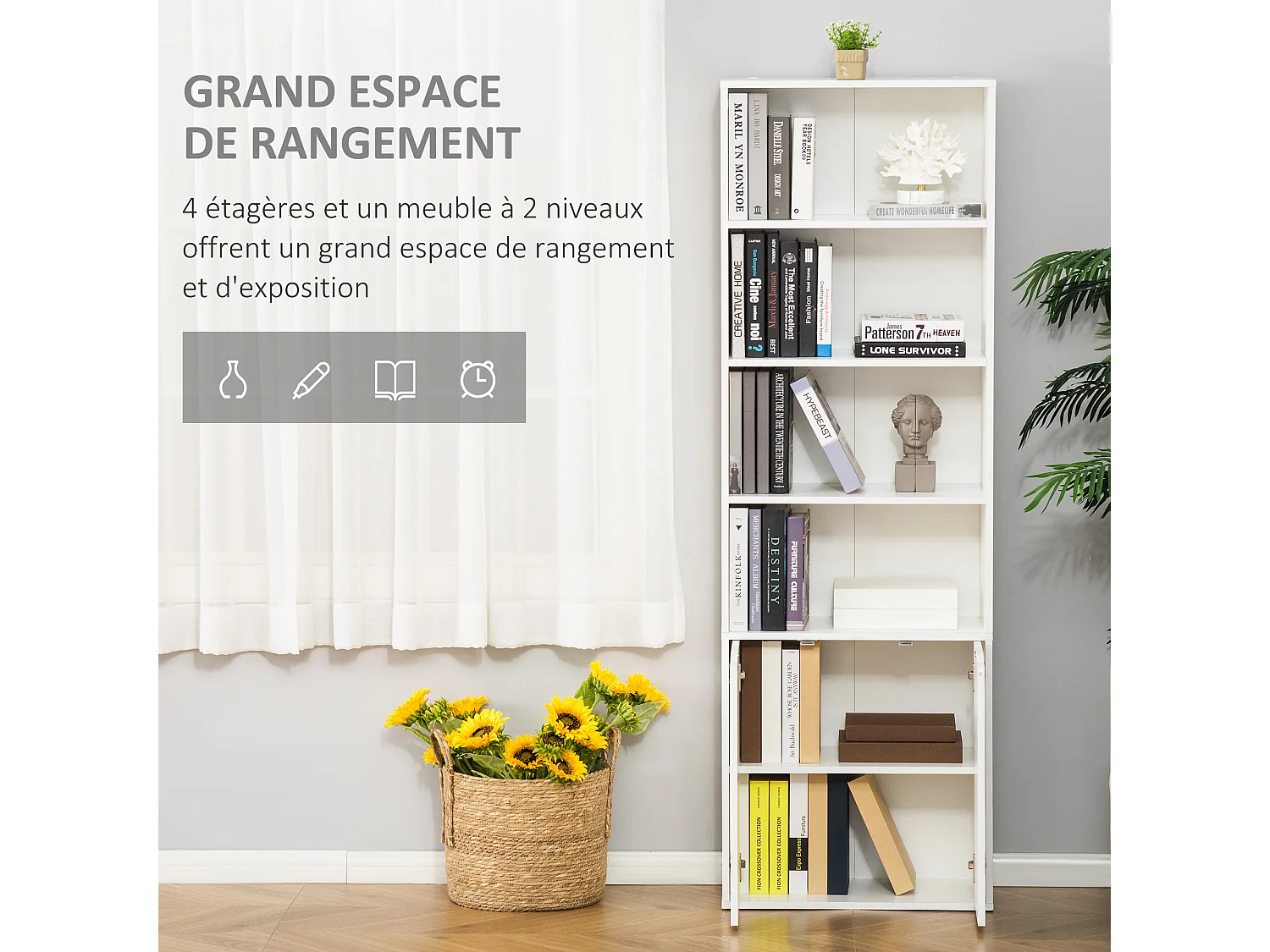 Bibliothèque 4 étagères armoire 2 portes dim. 59 x 29 x 180 cm blanc