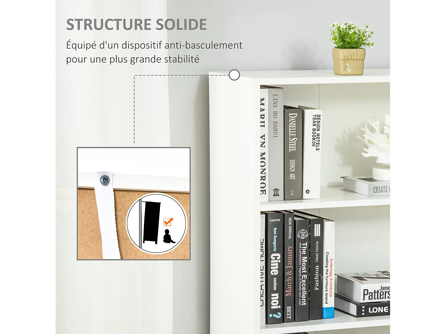 Bibliothèque 4 étagères armoire 2 portes dim. 59 x 29 x 180 cm blanc