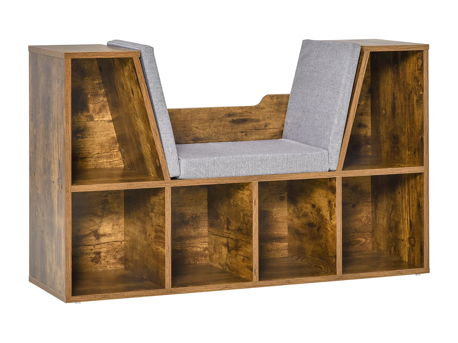 Bibliothèque banc 2 en 1 design contemporain 6 casiers 3 coussins fournis 102L x 30l x 61H cm aspect bois vieilli gris