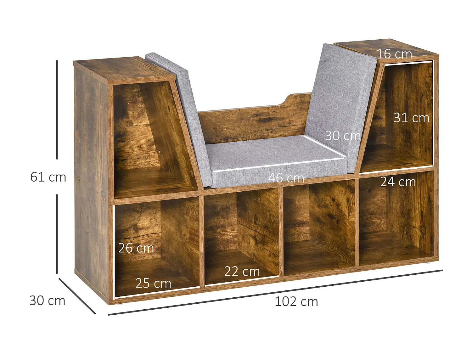 Bibliothèque banc 2 en 1 design contemporain 6 casiers 3 coussins fournis 102L x 30l x 61H cm aspect bois vieilli gris