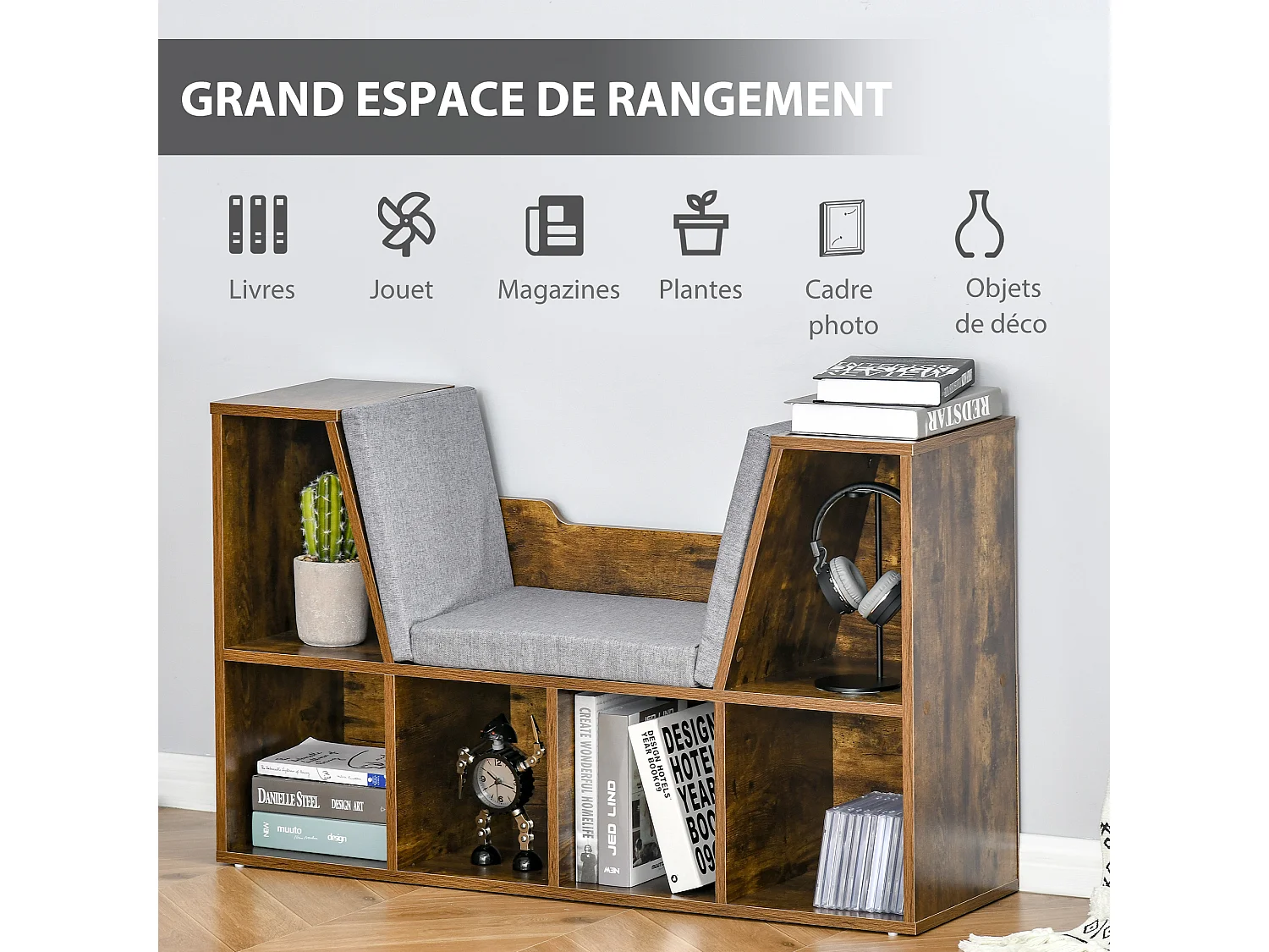 Bibliothèque banc 2 en 1 design contemporain 6 casiers 3 coussins fournis 102L x 30l x 61H cm aspect bois vieilli gris