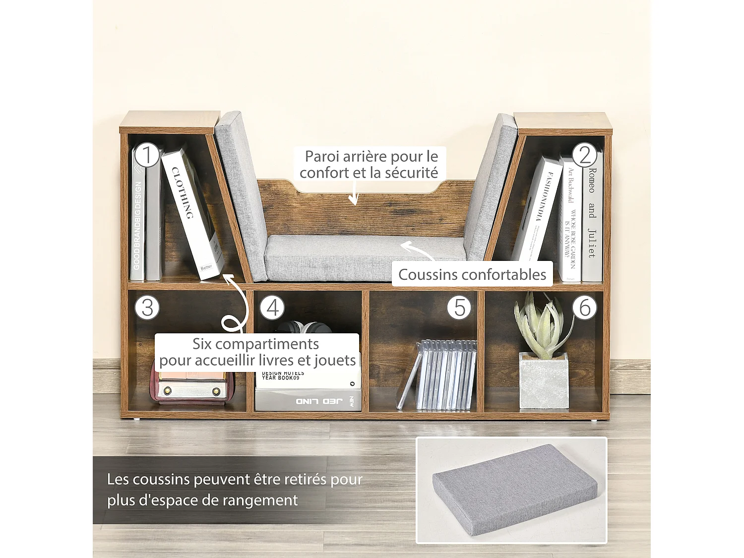 Bibliothèque banc 2 en 1 design contemporain 6 casiers 3 coussins fournis 102L x 30l x 61H cm aspect bois vieilli gris