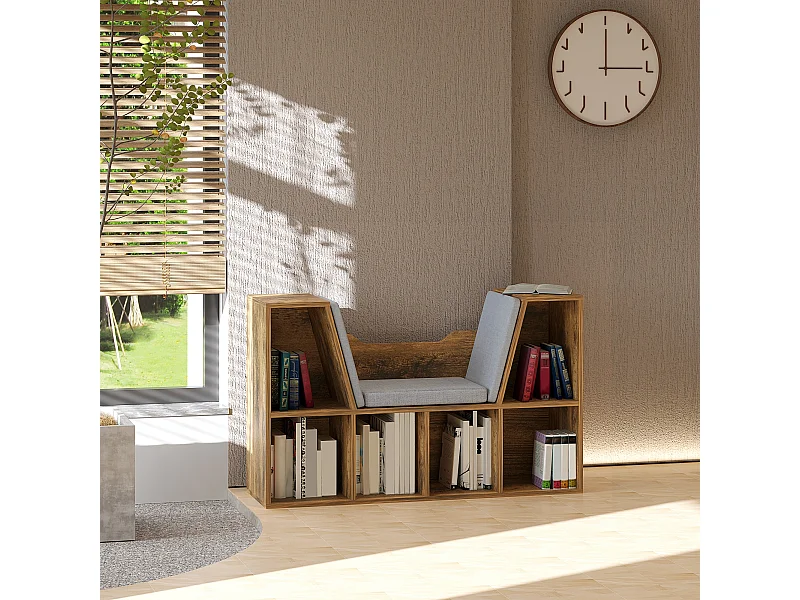 Bibliothèque banc 2 en 1 design contemporain 6 casiers 3 coussins fournis 102L x 30l x 61H cm aspect bois vieilli gris
