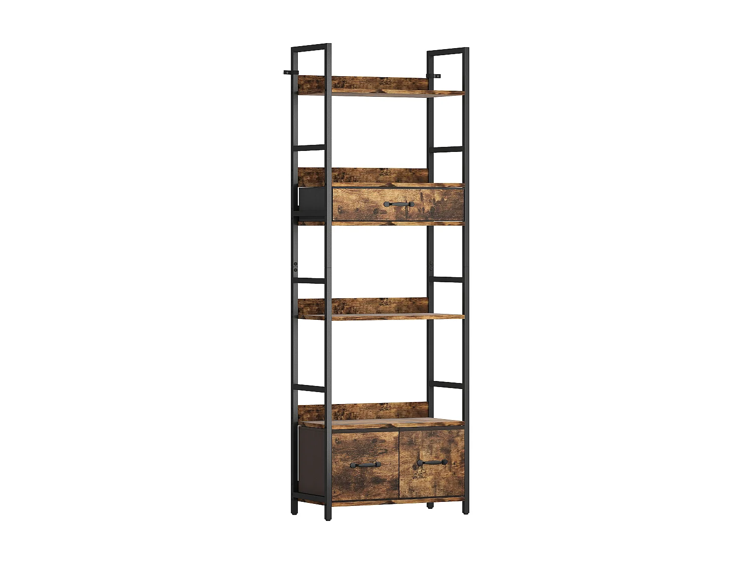 Bibliothèque étagère style industriel - 4 étagères, 3 tiroirs - dim. 60x30x176cm - métal noir effet bois vieilli