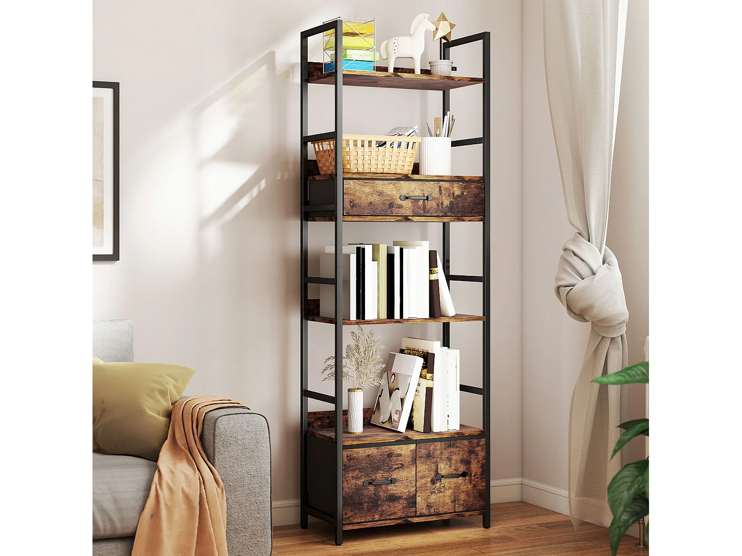 Bibliothèque étagère style industriel - 4 étagères, 3 tiroirs - dim. 60x30x176cm - métal noir effet bois vieilli