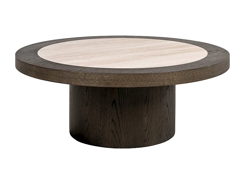 Table basse design céramique travertin et chêne brun sculptural