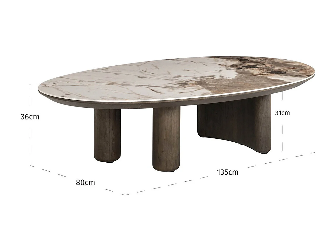 Table basse élégante avec plateau céramique marron et piètement bois