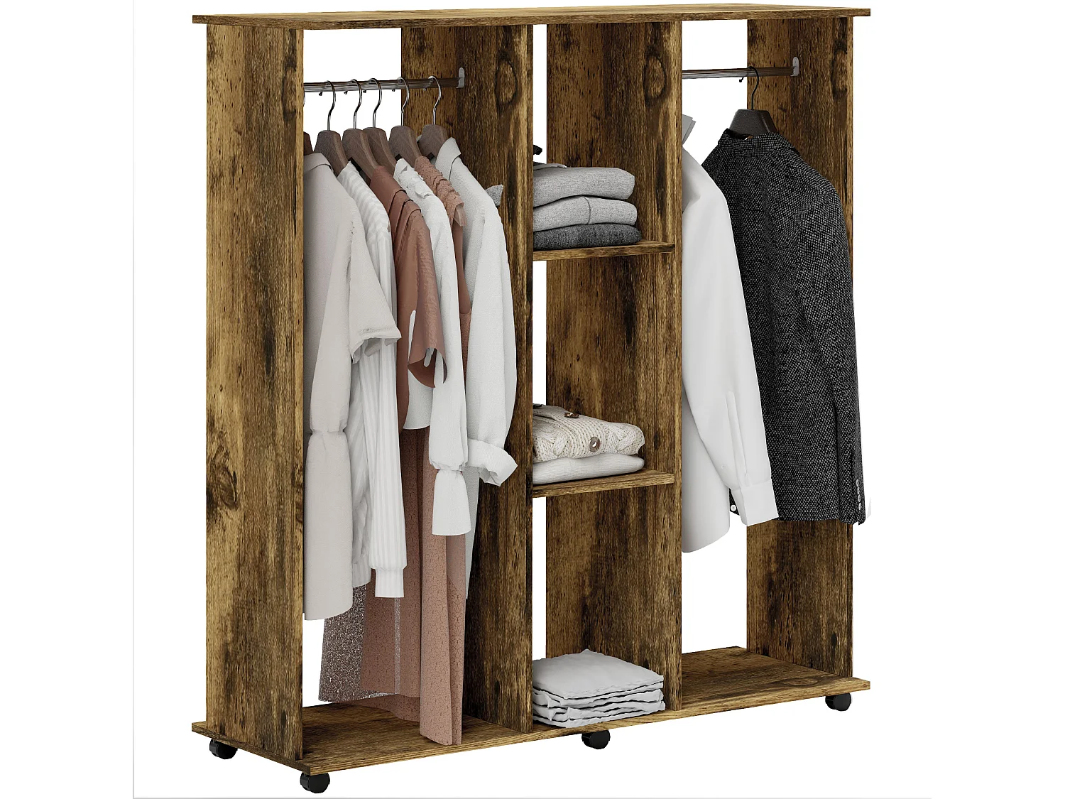 Armoire penderie meuble de rangement mobile 6 roulettes 120L x 40l x 128H cm panneaux de particules aspect bois vieilli