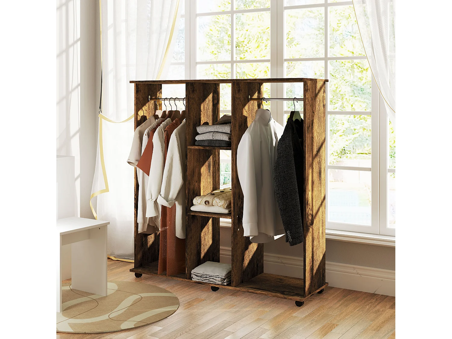Armoire penderie meuble de rangement mobile 6 roulettes 120L x 40l x 128H cm panneaux de particules aspect bois vieilli