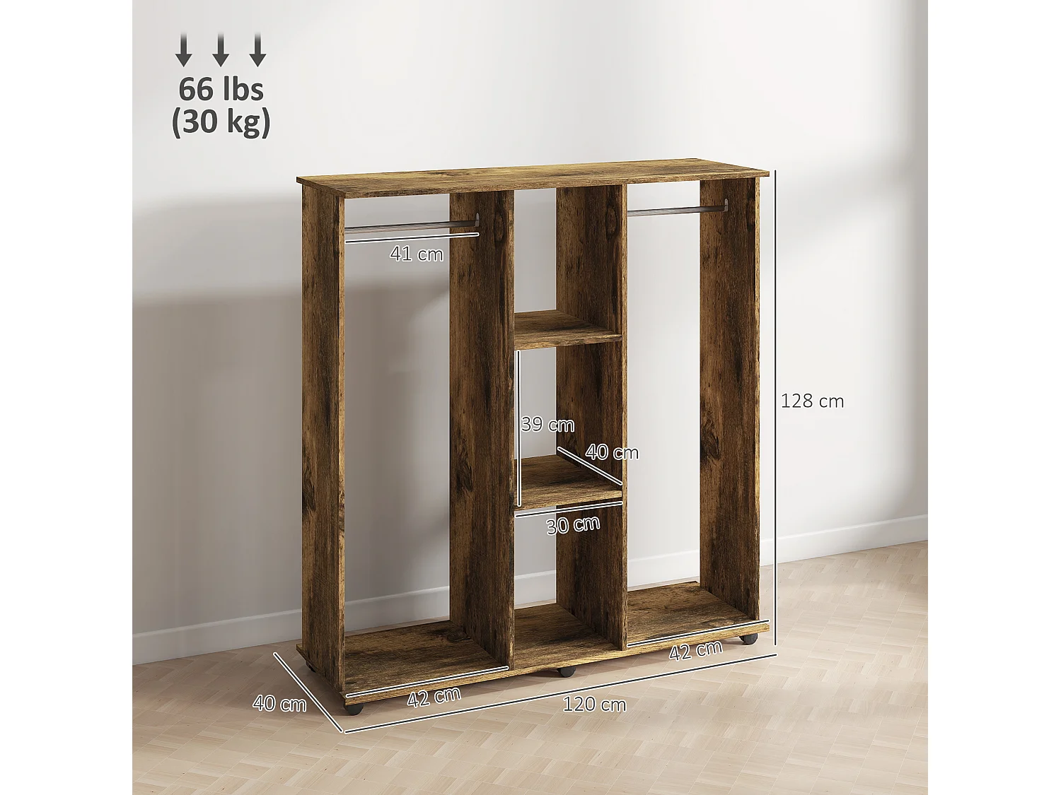 Armoire penderie meuble de rangement mobile 6 roulettes 120L x 40l x 128H cm panneaux de particules aspect bois vieilli