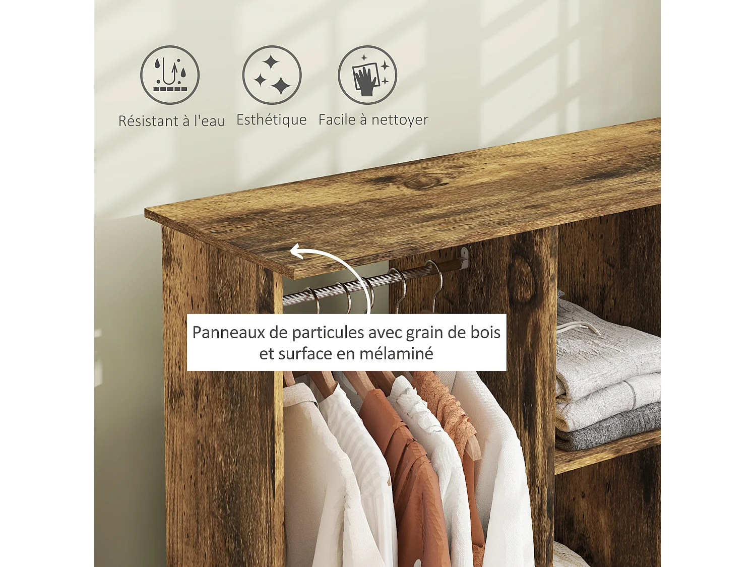 Armoire penderie meuble de rangement mobile 6 roulettes 120L x 40l x 128H cm panneaux de particules aspect bois vieilli