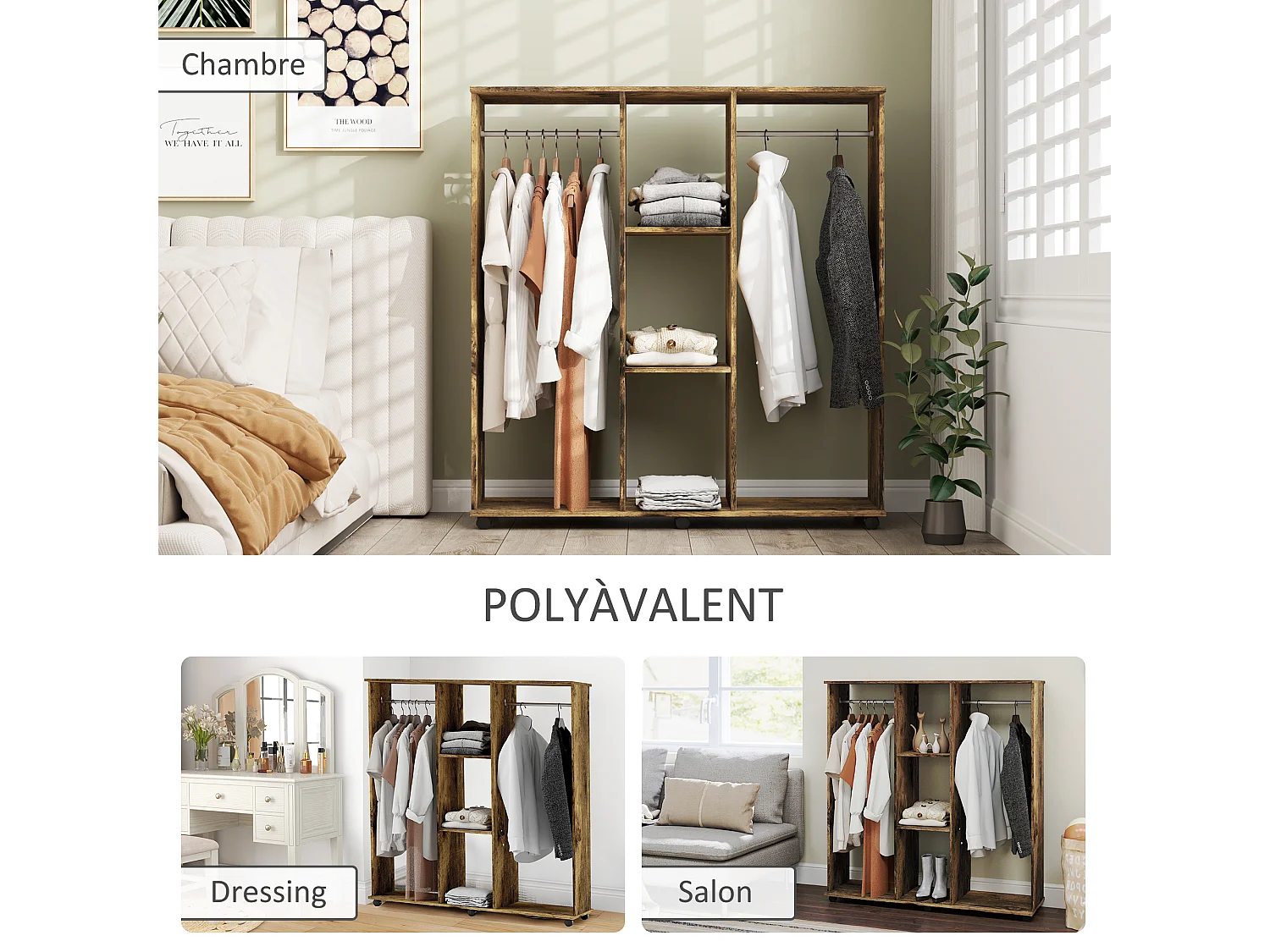 Armoire penderie meuble de rangement mobile 6 roulettes 120L x 40l x 128H cm panneaux de particules aspect bois vieilli