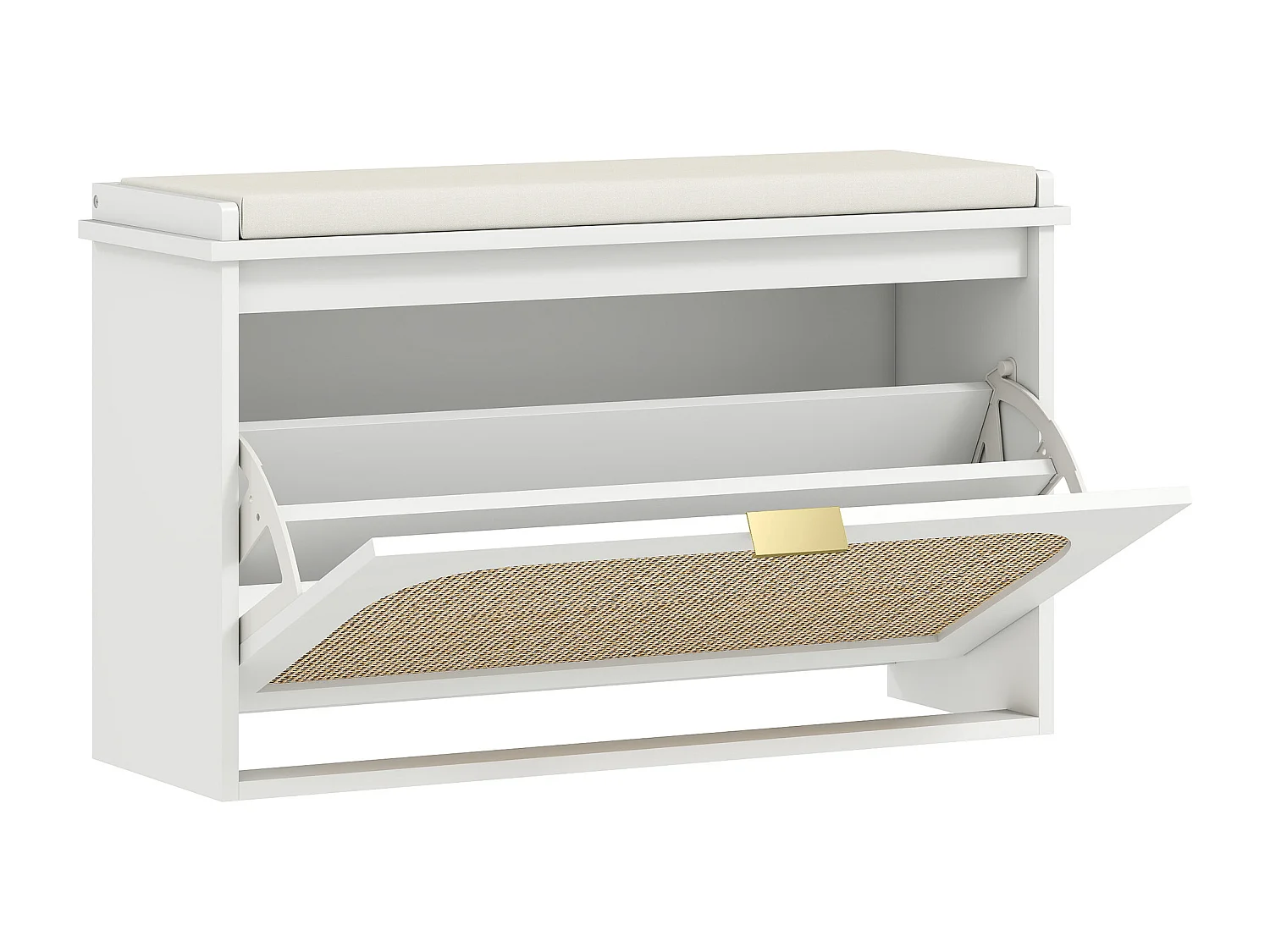 Banc à chaussures style bohème porte façade rotin poignée dorée coussin intégré blanc