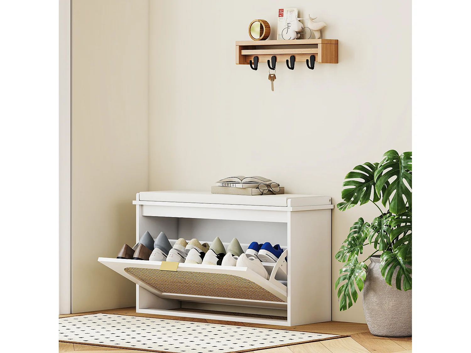 Banc à chaussures style bohème porte façade rotin poignée dorée coussin intégré blanc