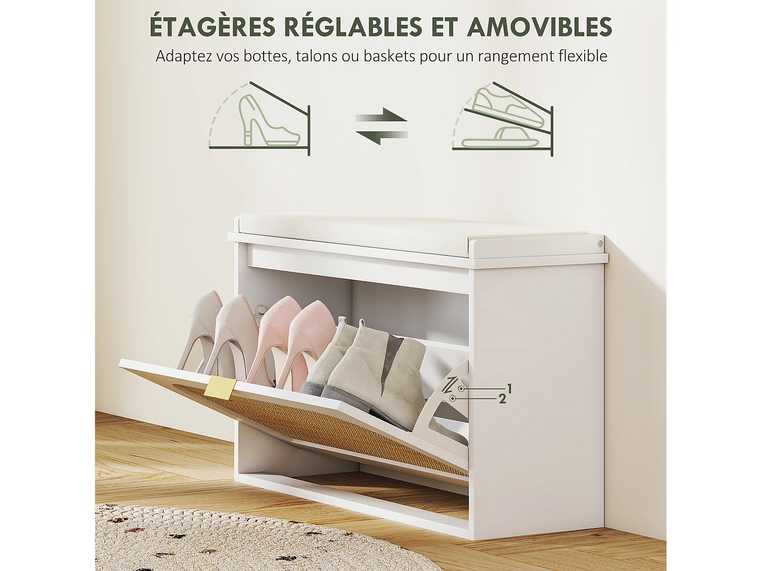 Banc à chaussures style bohème porte façade rotin poignée dorée coussin intégré blanc