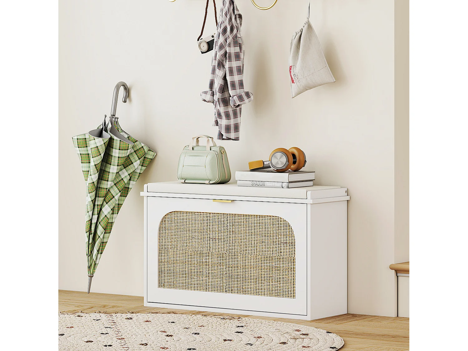 Banc à chaussures style bohème porte façade rotin poignée dorée coussin intégré blanc