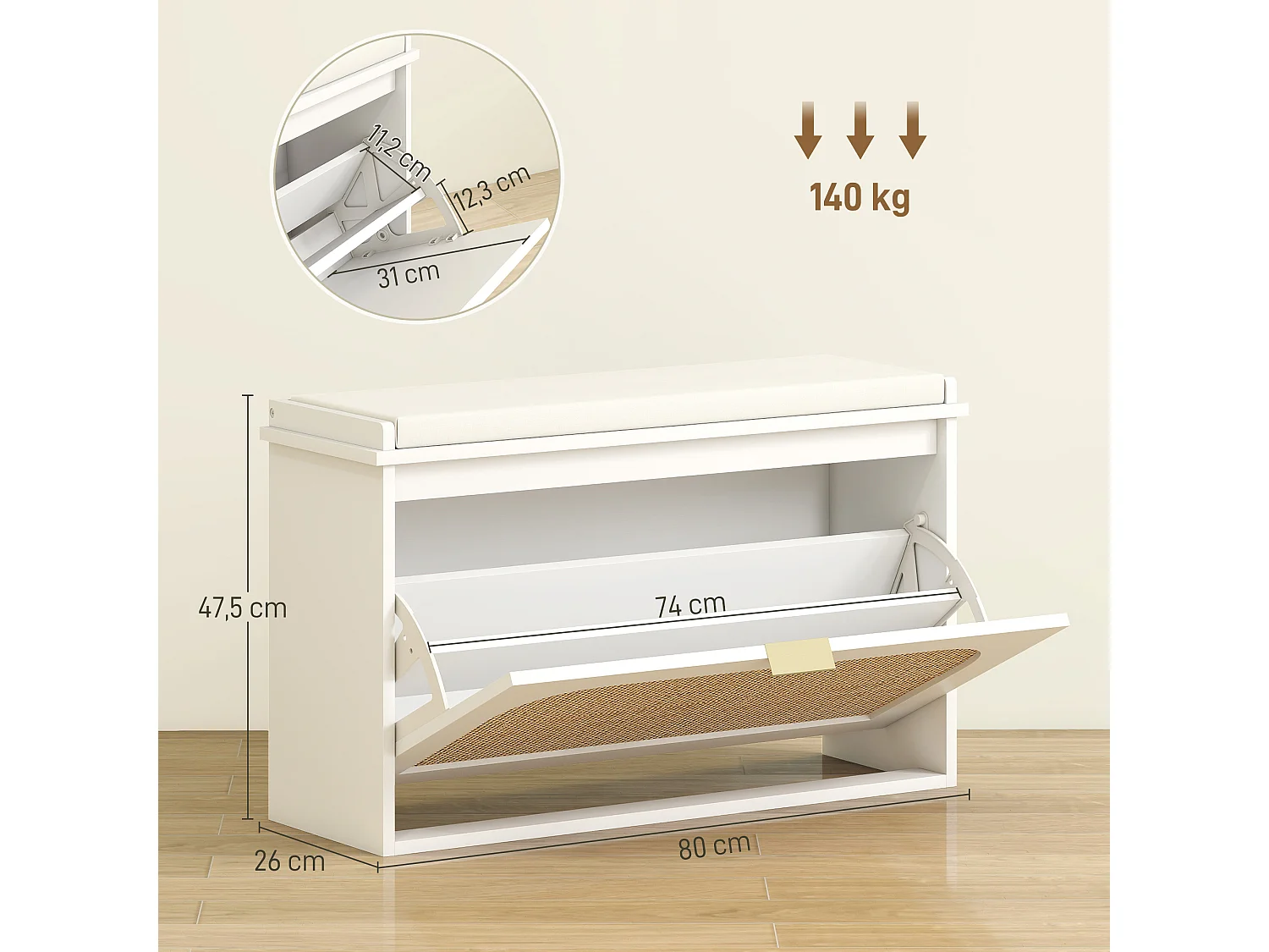 Banc à chaussures style bohème porte façade rotin poignée dorée coussin intégré blanc