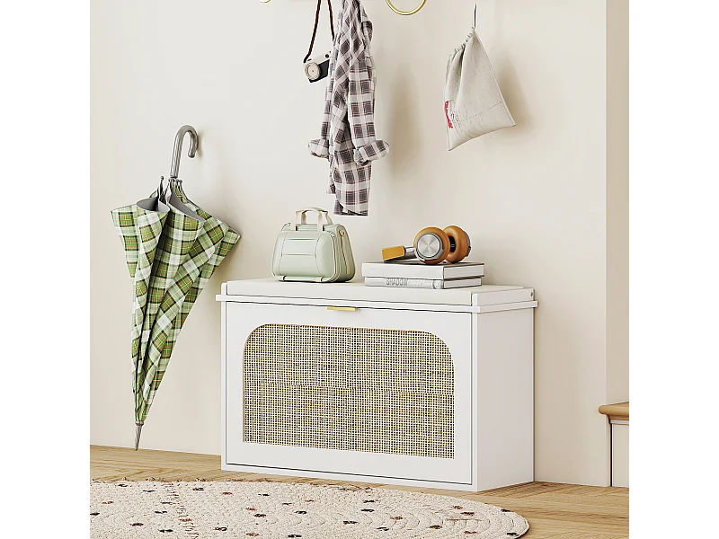 Banc à chaussures style bohème porte façade rotin poignée dorée coussin intégré blanc