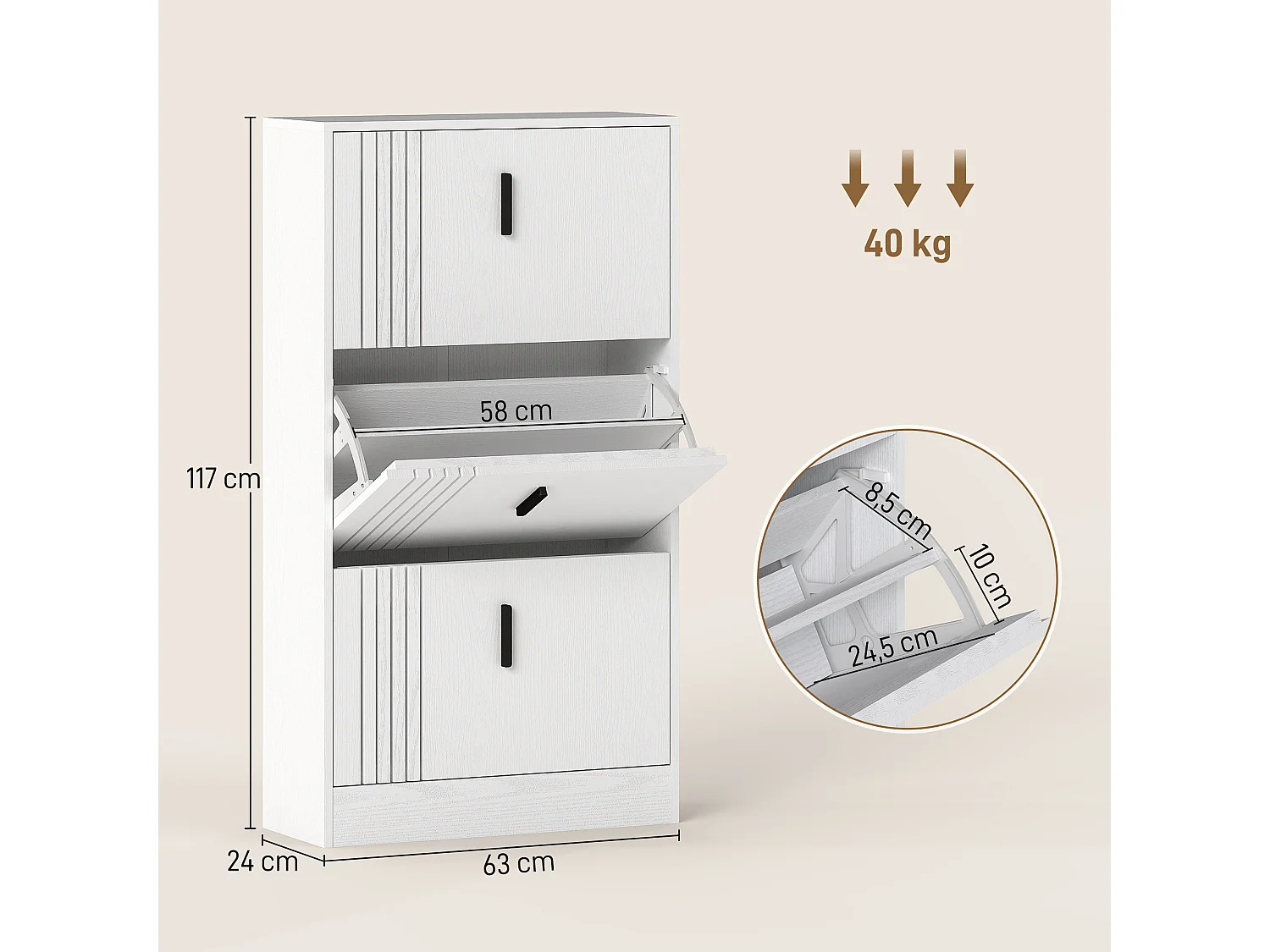 Meuble à chaussures design Urban Craft 3 portes abattantes 3 étagères poignées métal noir aspect bois blanc