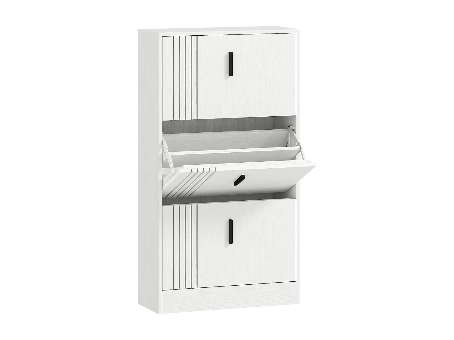 Meuble à chaussures design Urban Craft 3 portes abattantes 3 étagères poignées métal noir aspect bois blanc