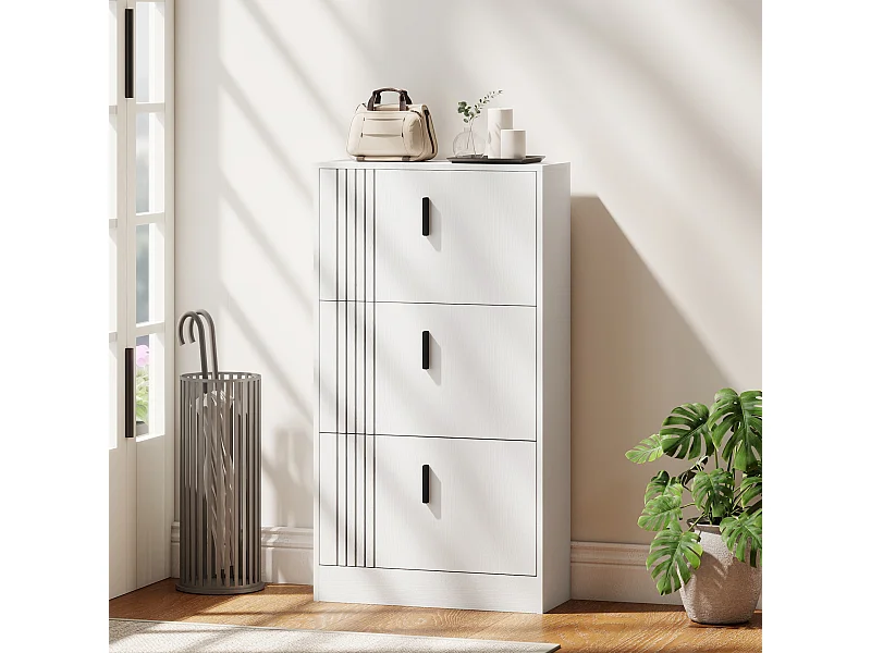 Meuble à chaussures design Urban Craft 3 portes abattantes 3 étagères poignées métal noir aspect bois blanc