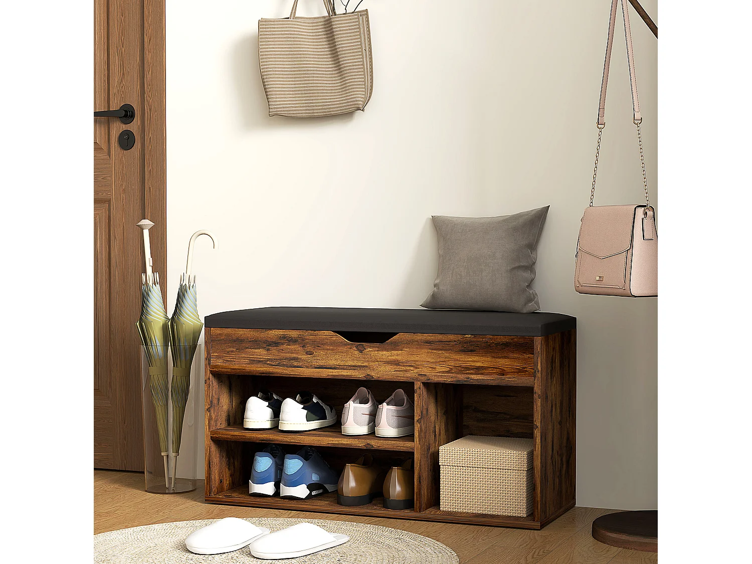 Meuble chaussures banc à chaussures 2 niveaux rangement, niche, coffre coussin noir effet bois