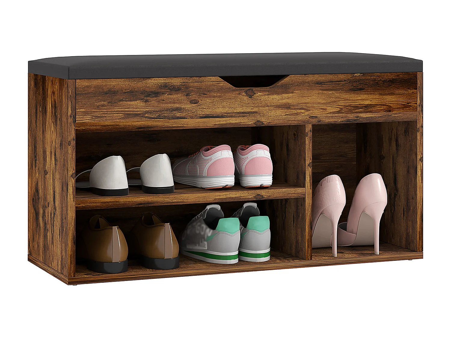 Meuble chaussures banc à chaussures 2 niveaux rangement, niche, coffre coussin noir effet bois