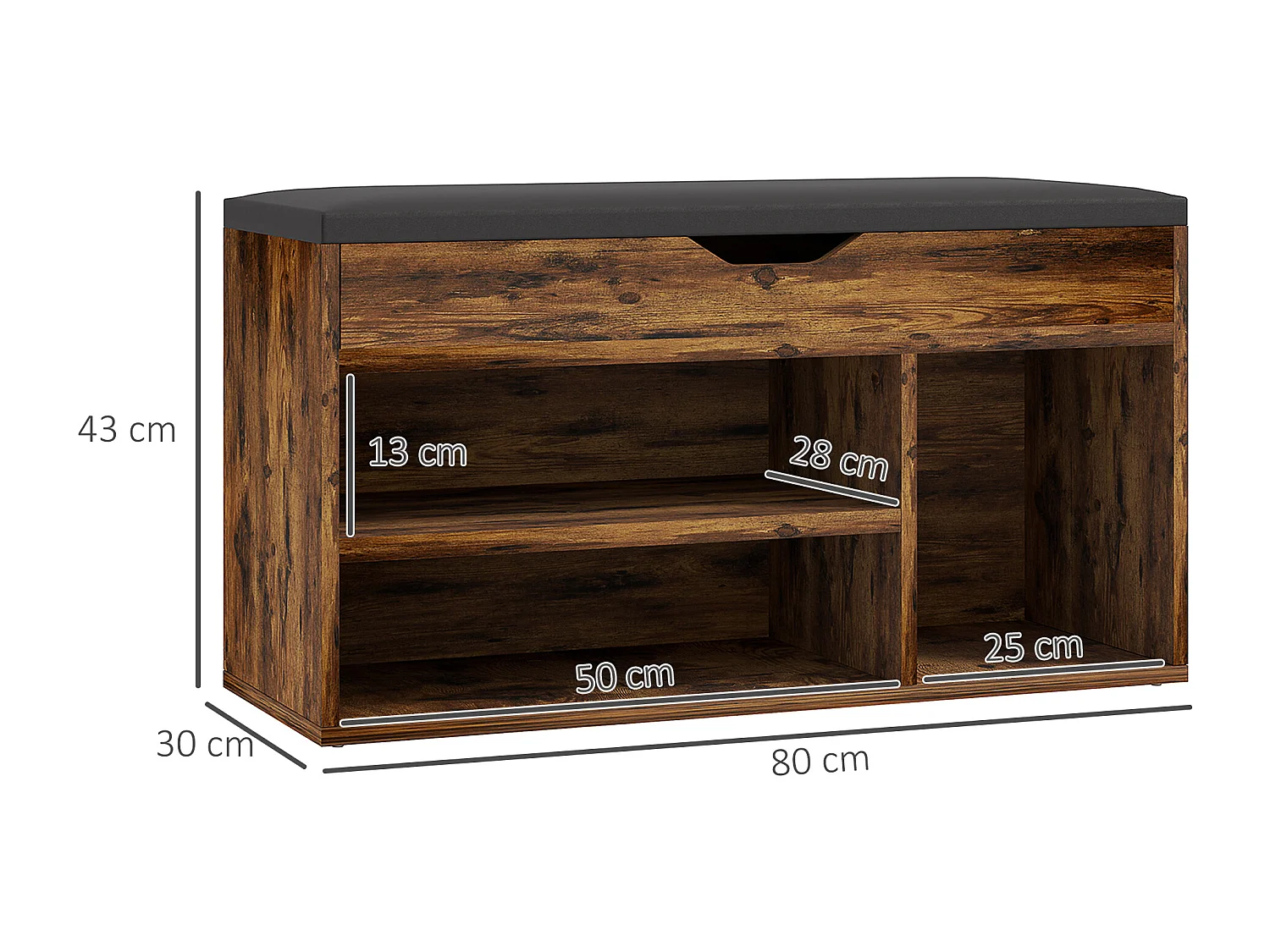 Meuble chaussures banc à chaussures 2 niveaux rangement, niche, coffre coussin noir effet bois