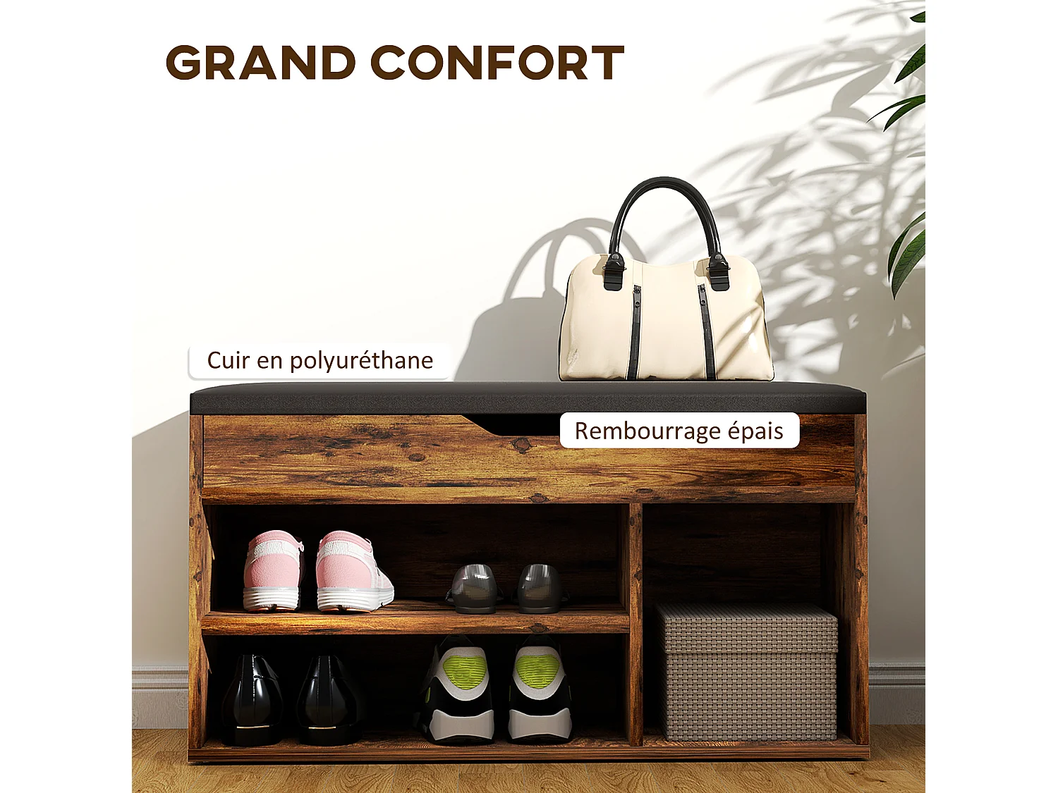 Meuble chaussures banc à chaussures 2 niveaux rangement, niche, coffre coussin noir effet bois