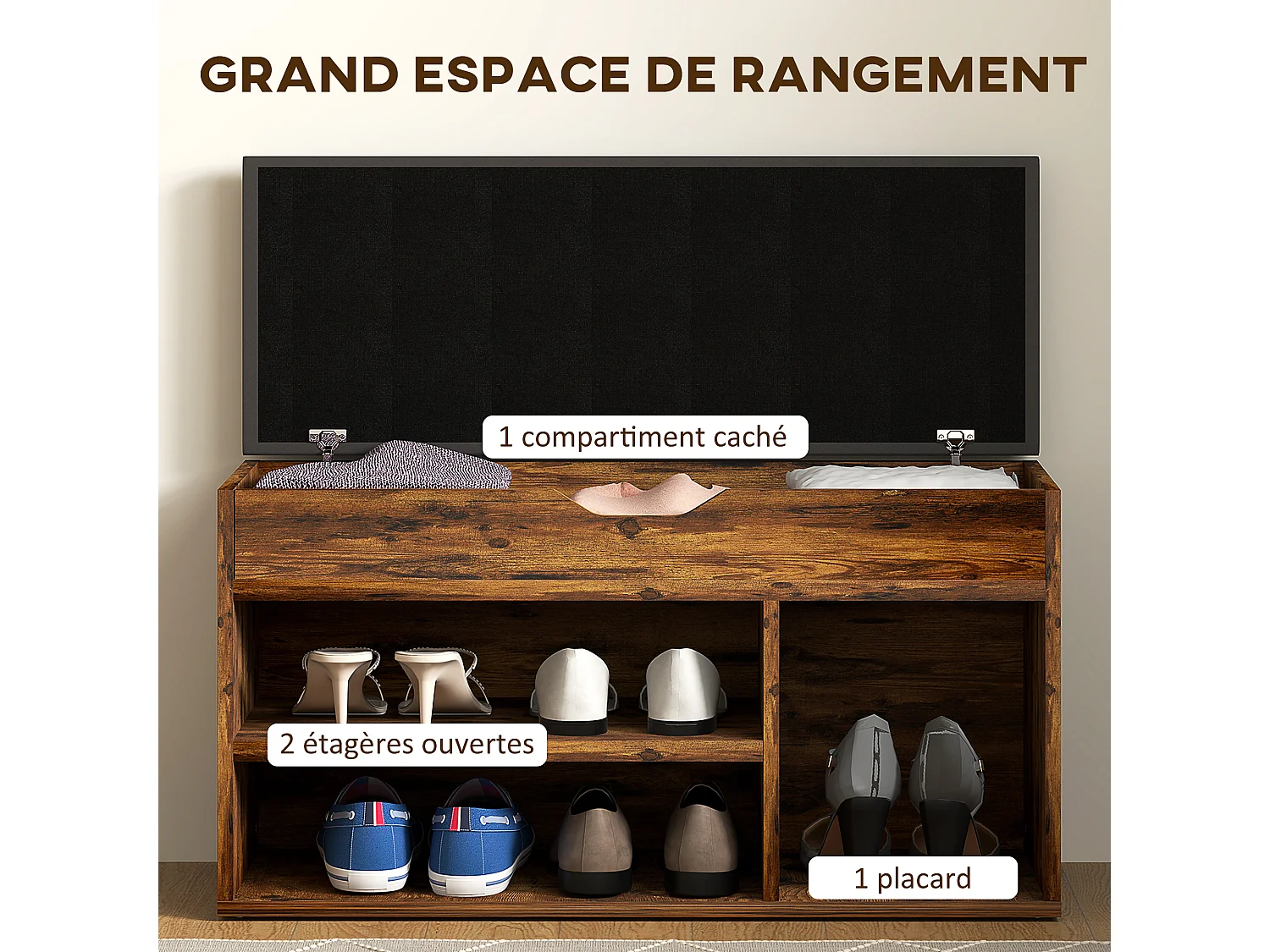 Meuble chaussures banc à chaussures 2 niveaux rangement, niche, coffre coussin noir effet bois