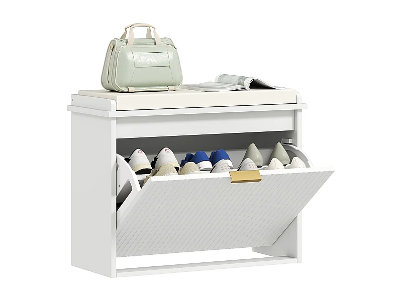Banc à chaussures compact meuble à chaussures avec banquette design effet cannelé poignée doré