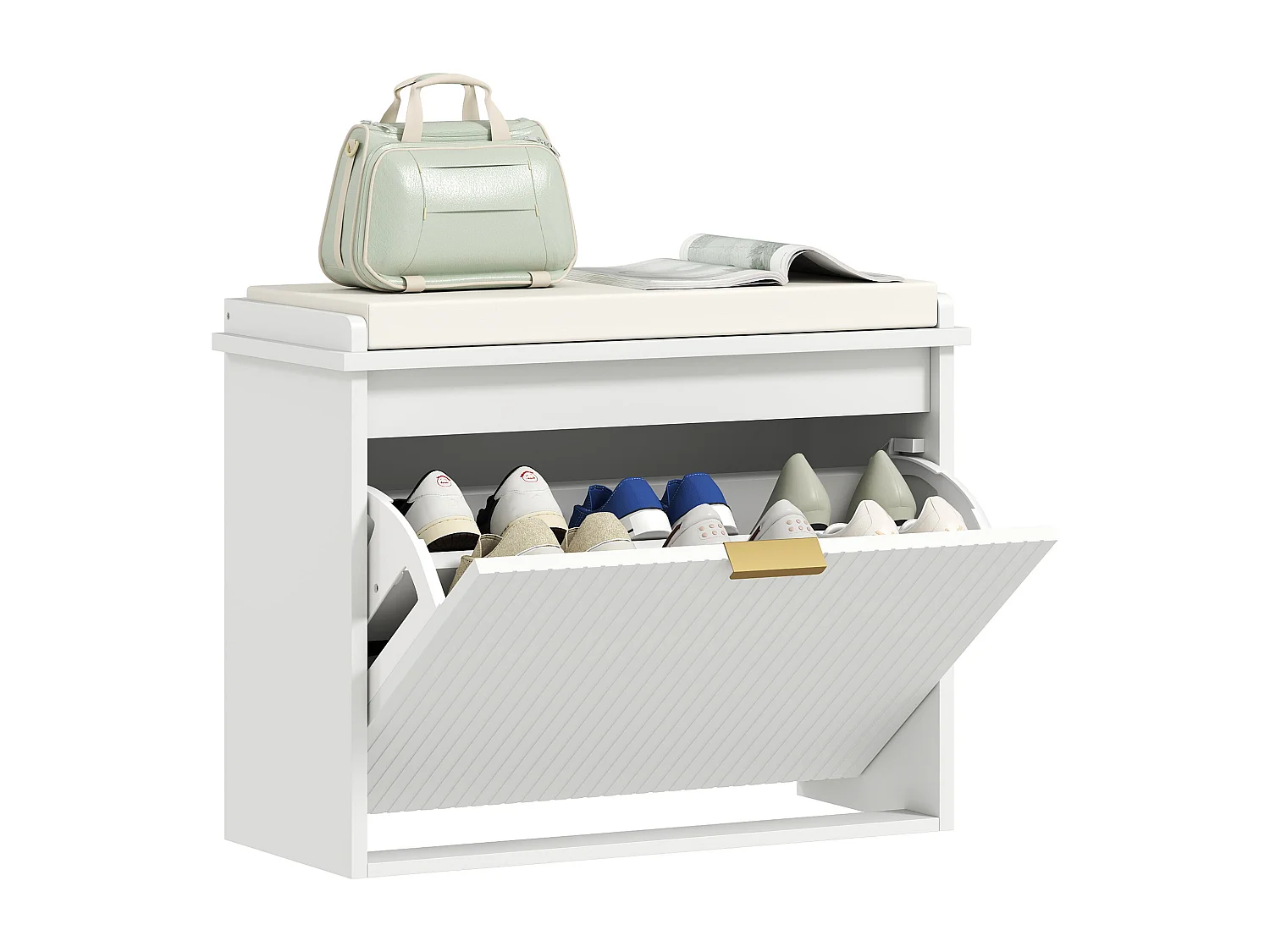 Banc à chaussures compact meuble à chaussures avec banquette design effet cannelé poignée doré