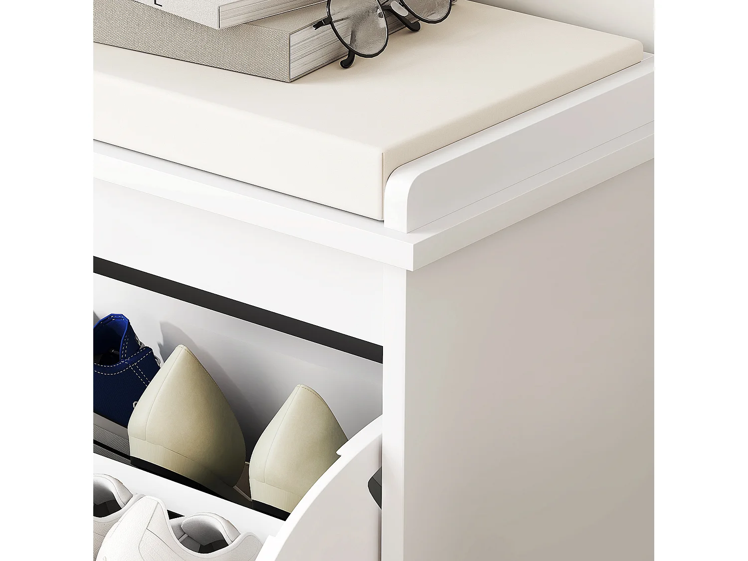 Banc à chaussures compact meuble à chaussures avec banquette design effet cannelé poignée doré