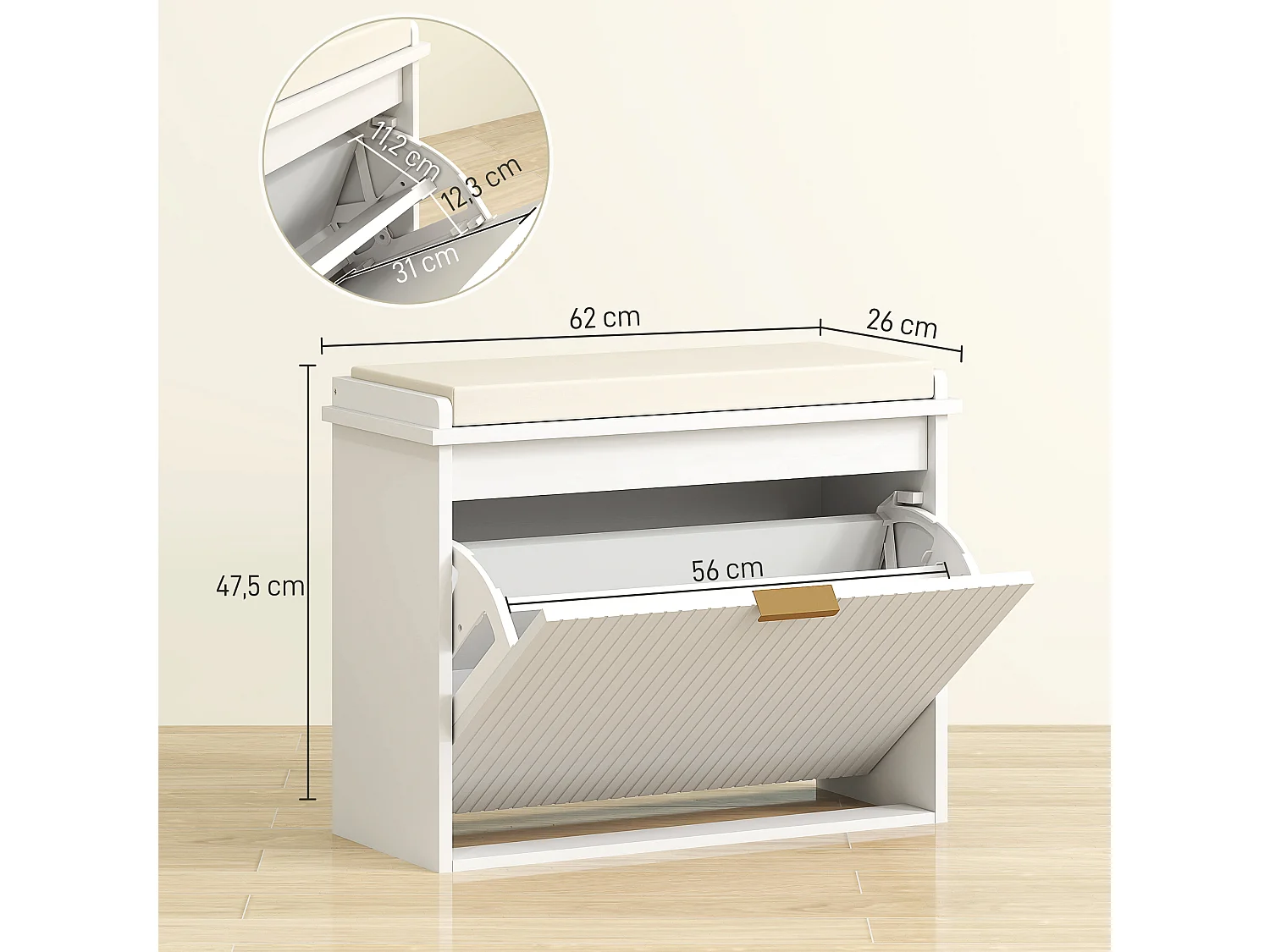 Banc à chaussures compact meuble à chaussures avec banquette design effet cannelé poignée doré