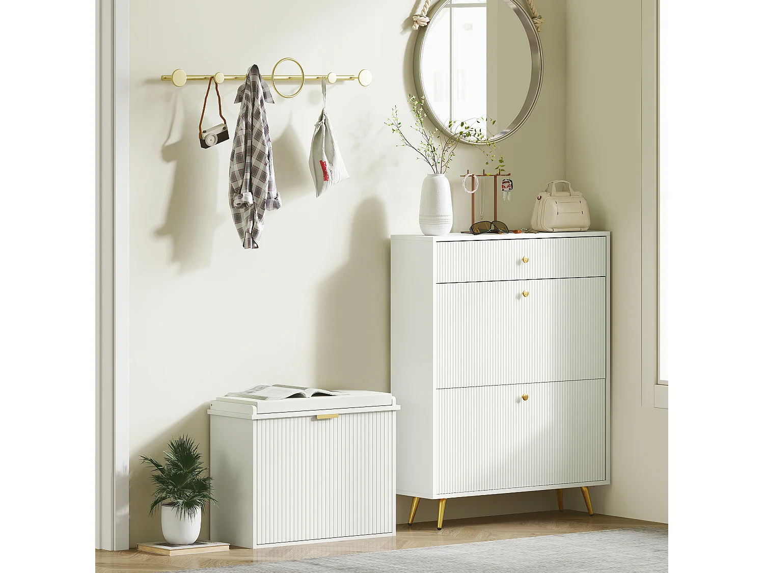 Banc à chaussures compact meuble à chaussures avec banquette design effet cannelé poignée doré