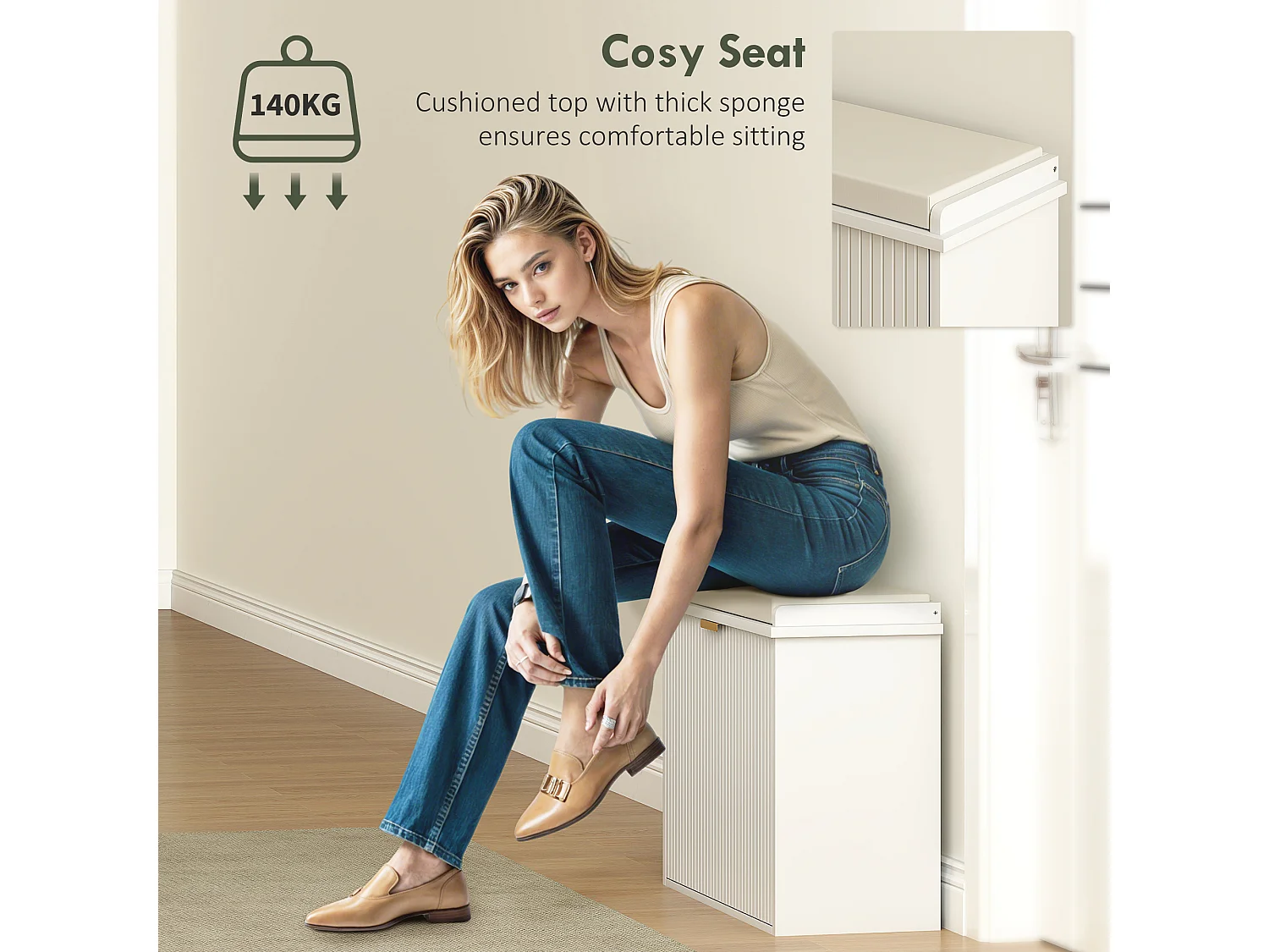 Banc à chaussures compact meuble à chaussures avec banquette design effet cannelé poignée doré