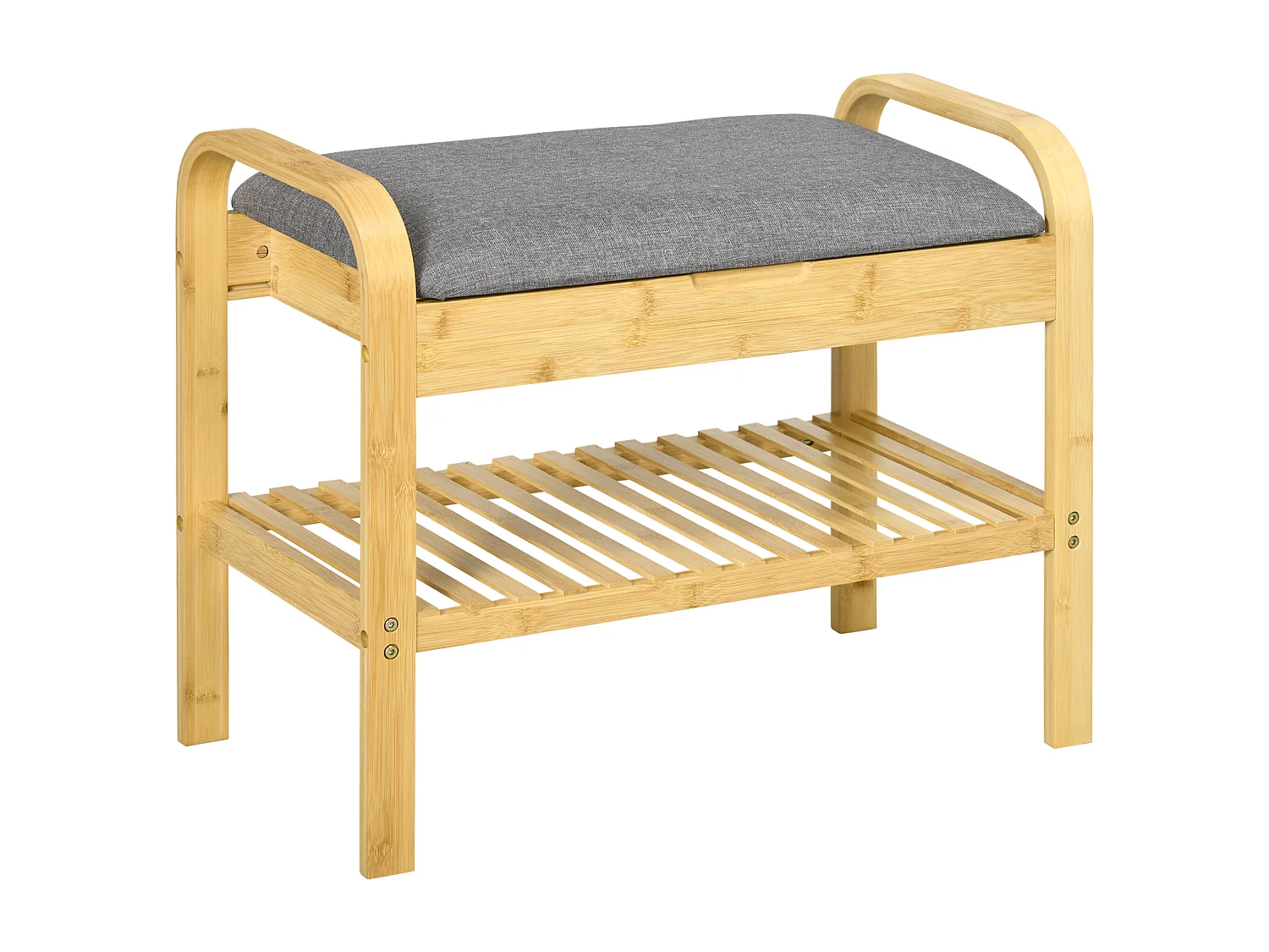 Banc à chaussures coffre 2 en 1 - banquette style cosy chic bois bambou verni - étagère, coffre - assise rembourrée tissu gris
