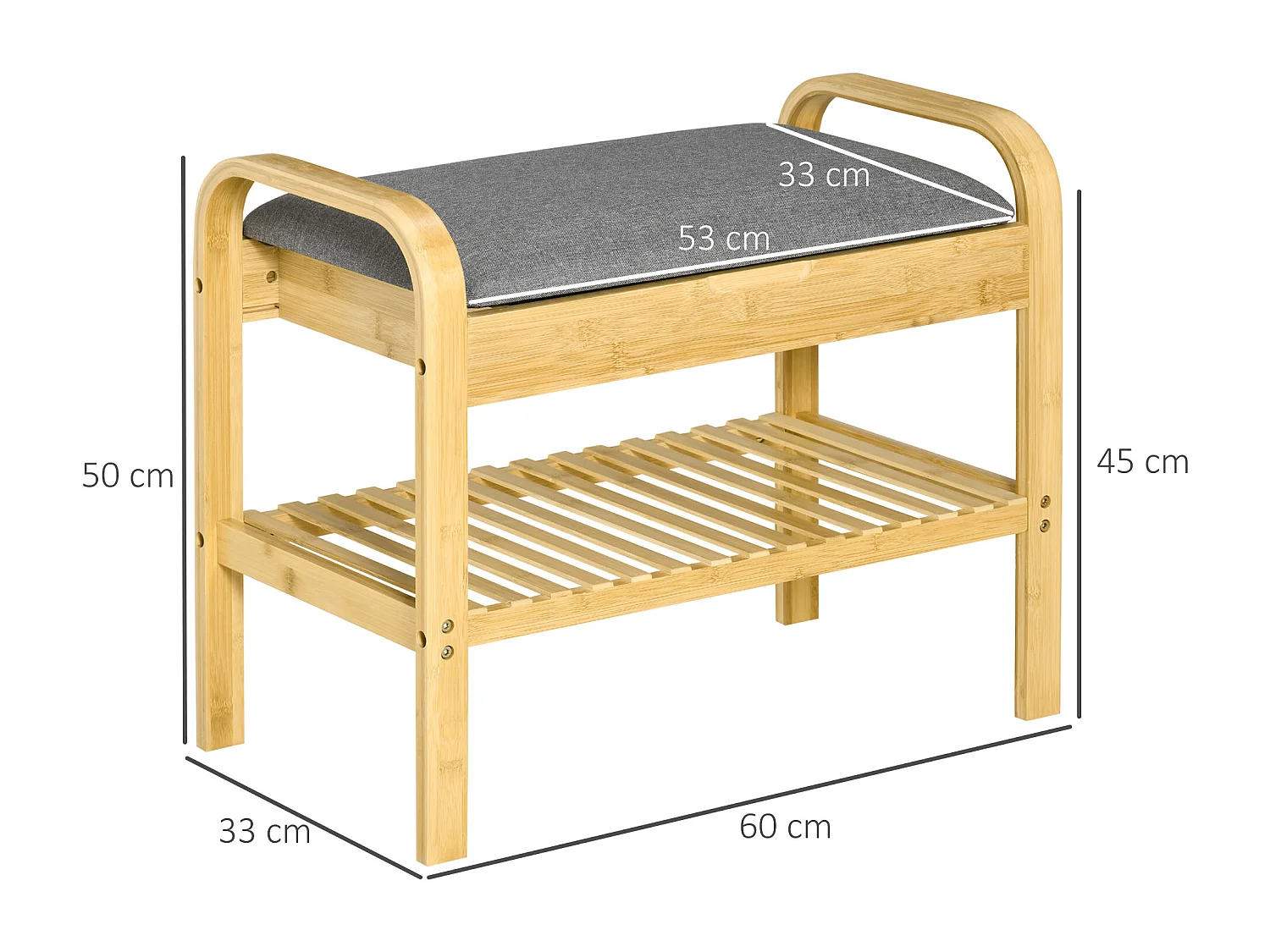 Banc à chaussures coffre 2 en 1 - banquette style cosy chic bois bambou verni - étagère, coffre - assise rembourrée tissu gris