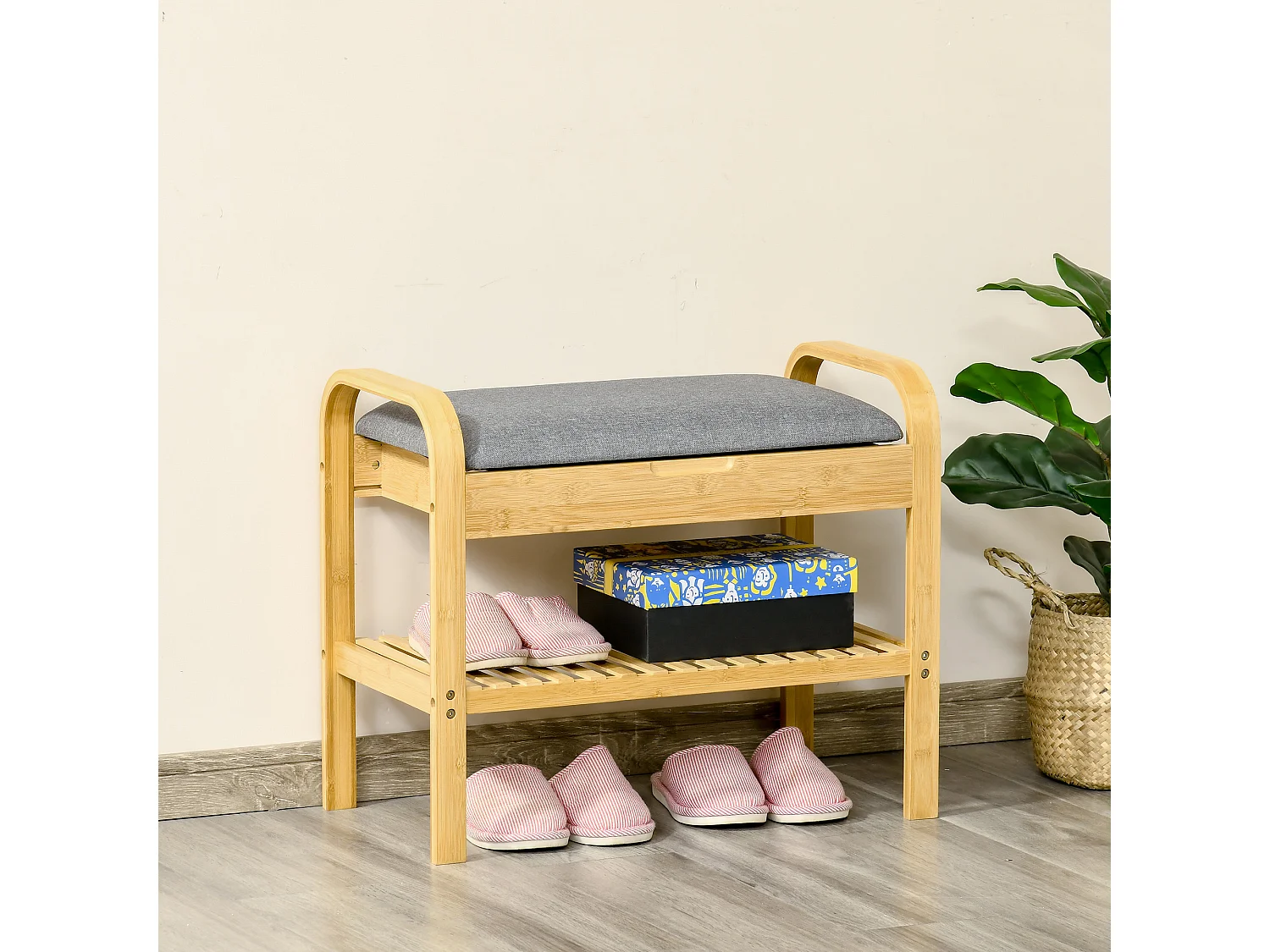 Banc à chaussures coffre 2 en 1 - banquette style cosy chic bois bambou verni - étagère, coffre - assise rembourrée tissu gris