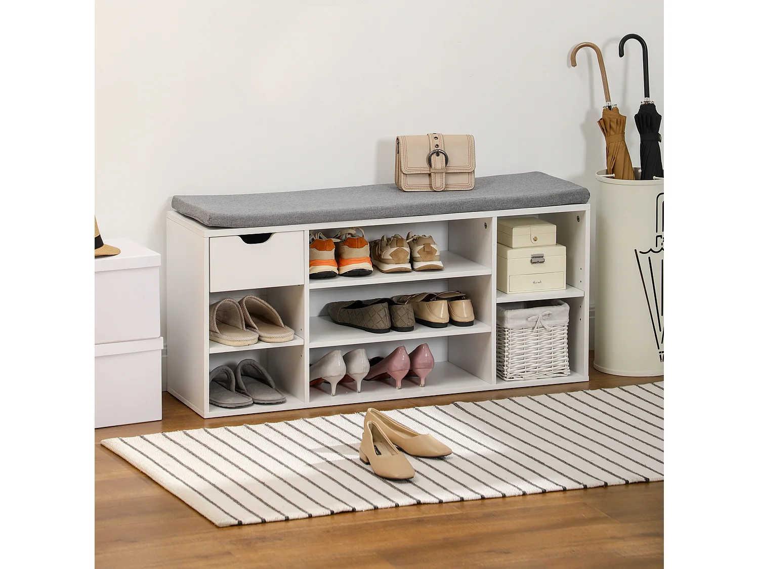 Banc à chaussures avec coussin gris - 2 étagères réglables, 7 compartiments, tiroir - blanc