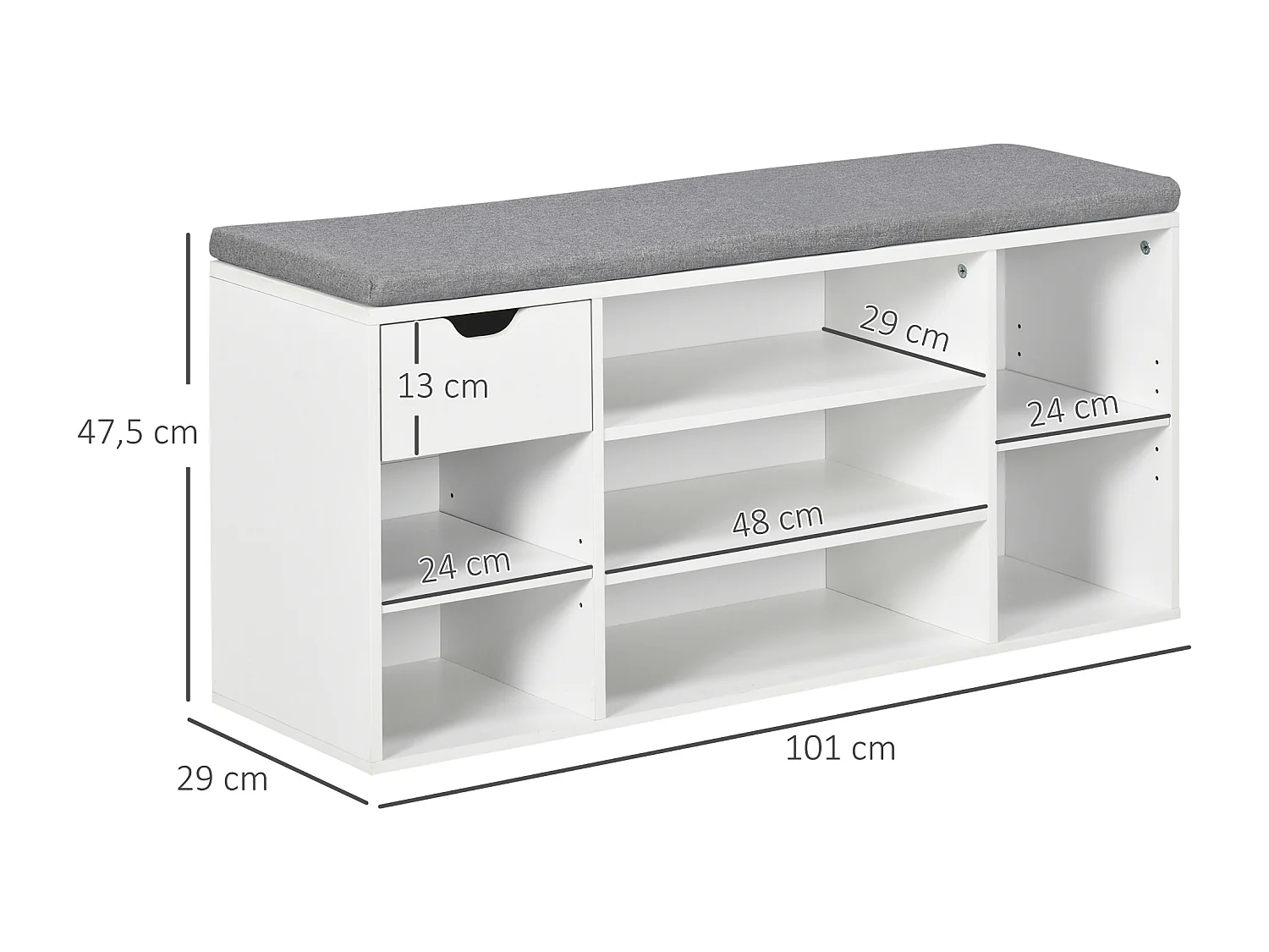 Banc à chaussures avec coussin gris - 2 étagères réglables, 7 compartiments, tiroir - blanc
