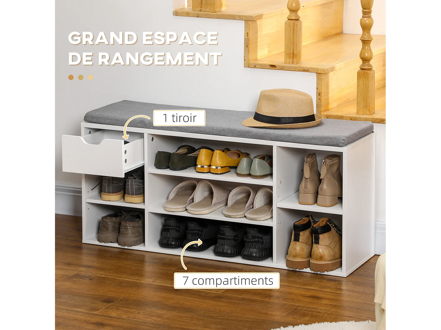Banc à chaussures avec coussin gris - 2 étagères réglables, 7 compartiments, tiroir - blanc