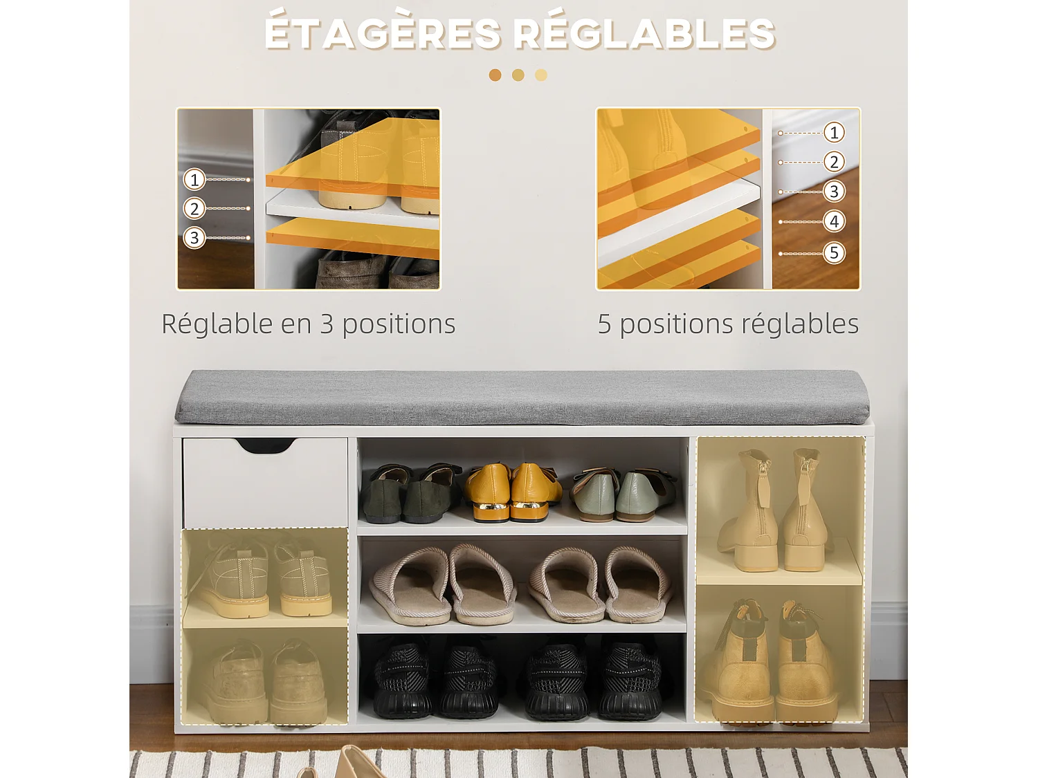 Banc à chaussures avec coussin gris - 2 étagères réglables, 7 compartiments, tiroir - blanc