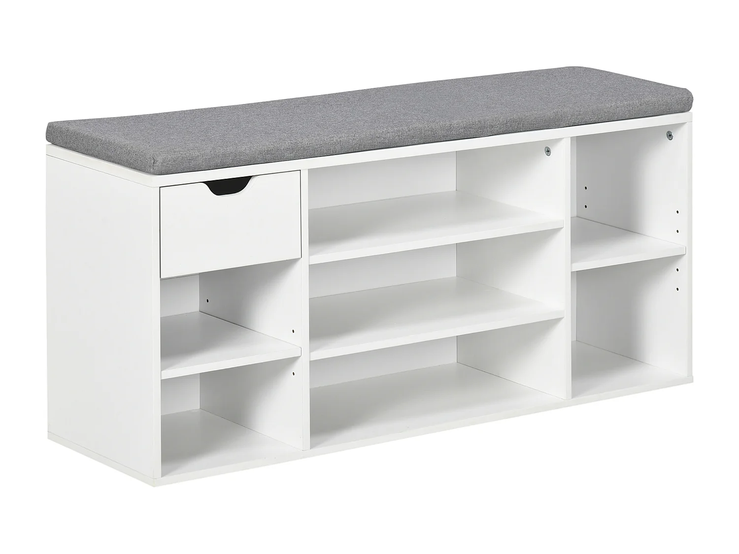 Banc à chaussures avec coussin gris - 2 étagères réglables, 7 compartiments, tiroir - blanc