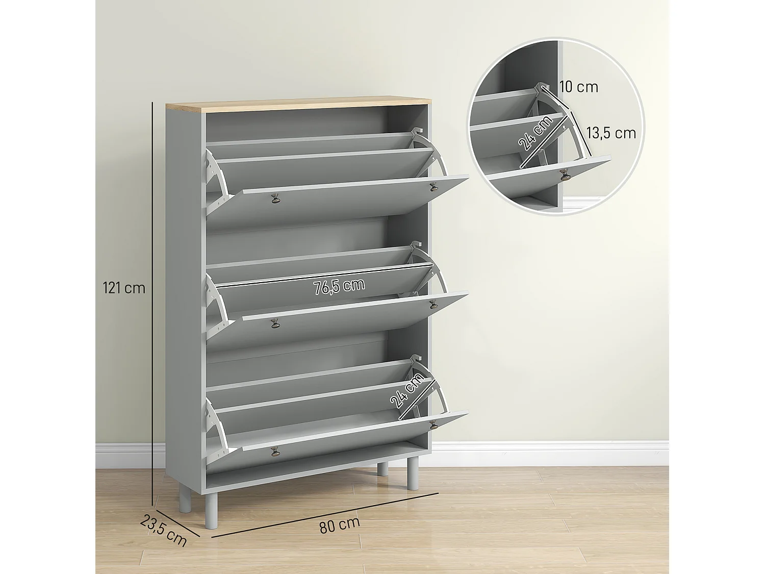 Meuble à chaussures sur pieds 3 portes étagères réglables dim. 80x23,5x121cm gris effet bois