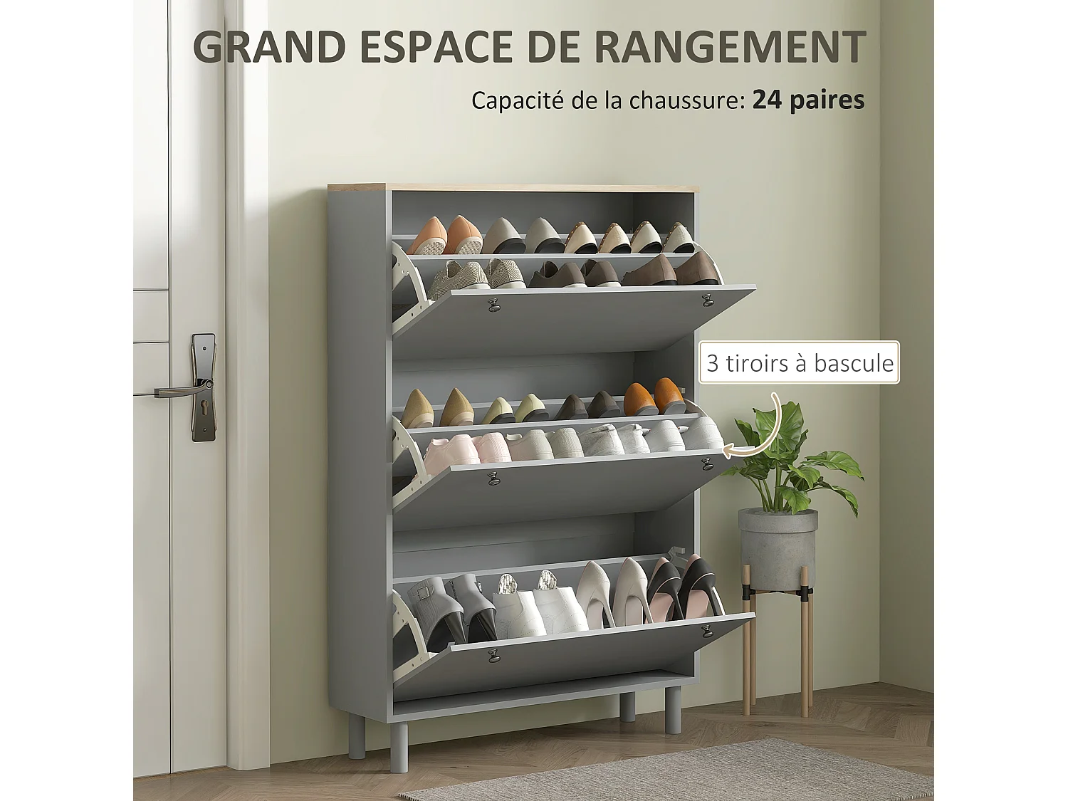 Meuble à chaussures sur pieds 3 portes étagères réglables dim. 80x23,5x121cm gris effet bois