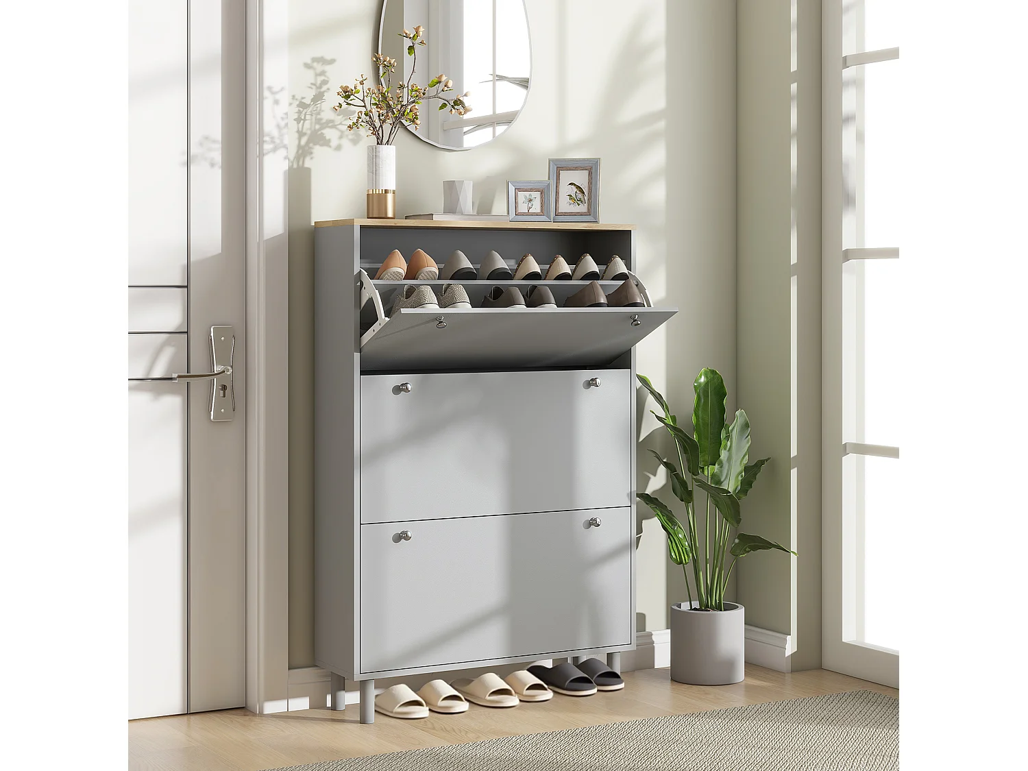 Meuble à chaussures sur pieds 3 portes étagères réglables dim. 80x23,5x121cm gris effet bois