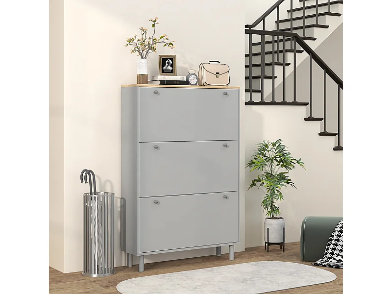 Meuble à chaussures sur pieds 3 portes étagères réglables dim. 80x23,5x121cm gris effet bois