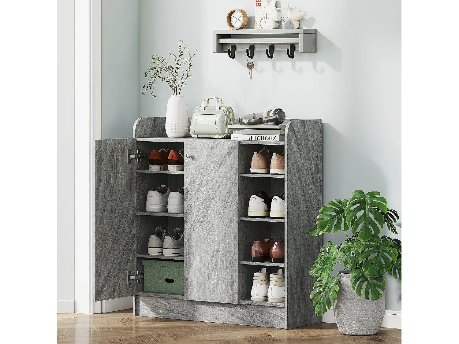 Meuble à chaussures - armoire à chaussures 2 portes 3 étagères 4 niches plateau aspect bois gris