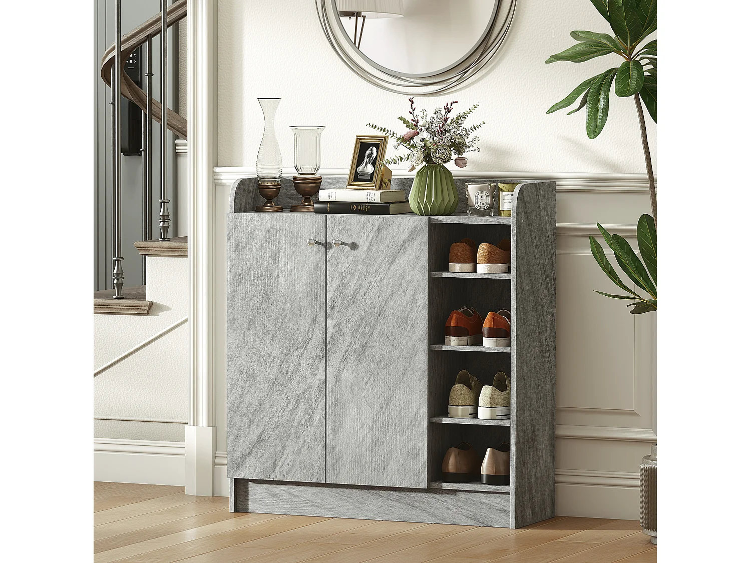 Meuble à chaussures - armoire à chaussures 2 portes 3 étagères 4 niches plateau aspect bois gris